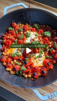 Grace Elkus Bianconi on Instagram: "extra-easy yet so darn good 🍅🌿🥖🙋‍♀️

recipe on my site: https://graceelkus.com/recipes/roasted-feta-caprese-skillet/

also linked in my bio, and sharing it below!

2 pints cherry tomatoes
1 (15.5-ounce) can chickpeas, drained and rinsed
2 large cloves garlic, sliced 
2 tablespoons extra-virgin olive oil
1 teaspoon kosher salt
1/4 teaspoon red pepper flakes 
Freshly ground black pepper
1 (8-ounce) block feta, cut into three slabs
Pesto and balsamic vinegar, for serving
Toasted baguette or pita, for serving

Heat the oven to 400°F with one rack in the center and one in the upper third. 

Add tomatoes, chickpeas, and garlic to a broiler-safe braiser, high-sided skillet, or 9-inch baking dish. Drizzle with the oil and season with salt, red pepper flakes,