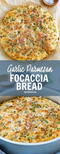 This bread is so light and airy, with a yummy olive oil saltiness and the garlic and parmesan bring the whole loaf to life. #bread #recipe #easy #focaccia