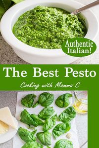 The Best Pesto comes from my Mom, who uses Pecorino Romano and Parmesan in her recipe. Don't miss this authentic Italian basil pesto sauce! #pestorecipe #homemadepestorecipe #basilpestorecipe