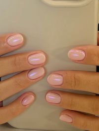 soft pink builder gel overlay on natural nails with pink aurora chrome