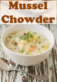 Healthy mussel chowder is a creamy delicious seafood chowder made without butter or cream. This thick and chunky seafood soup is one amazing budget quick healthy meal. #musselchowder #healthymusselchowder #healthychowder #seafoodchowder