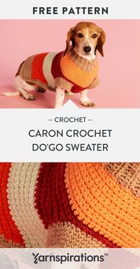 Free Crochet Do'Go Sweater pattern using Caron Big Donut O'Go yarn. Show your pup some love by making them the centre of attention at the dog park! Bold stripes run across the body for a timeless look. Customize colors to match your dog's personality for a great gift! #Yarnspirations #OgoYarn #GetOGoing #OgoKnit #OgoCrochet