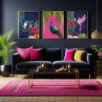 Dive into a world of colour and personality with this Tropical Maximalist Exotic Bird Print Set. Comprising of three individual prints, each showcasing the unique beauty of exotic birds - hummingbirds in flight and a majestic peacock - these designs are guaranteed to turn heads and uplift any space. Each print is a riot of vibrant hues, from the hot pink of the hummingbirds to the jewel tone plumage of the peacock, set against the lush greenery of the jungle botanicals. If you're seeking maximal