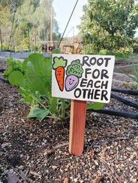 Root For each other!  This cute garden sign is hand painted on reclaimed wood and is adorable for a children's garden. It is available in 2 sizes, Either 17 inches tall or 12 inches tall. Makes a perfect gift for any gardener in your life! It looks great in your vegetable, or herb garden, and is perfect for any farm. Item is made to order and may vary slightly from the picture, all wood and hand paint jobs are not identical; this ensures that you have an original piece all your own. Item is weat