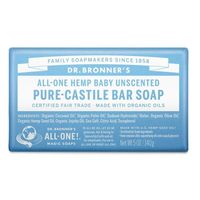 Dr. Bronner's Baby-Unscented Bar Soap. With no added fragrance and double the olive oil, our Baby Unscented Pure-Castile Bar Soap is good for sensitive skin babies too (though not tear-free!). Dr. Bronner's Bar Soap is made with certified fair trade ingredients and organic hemp oil for a soft, smooth lather that won't dry your skin. 100% biodegradable in a 100% post-consumer recycled wrapper. Size: 5 OZ.  Color: Blue.