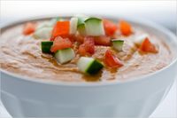 These days in Spain, chefs are being fanciful with their gazpachos This has the tangy flavor of traditional gazpacho andaluz but a creamy texture