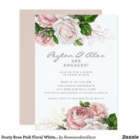 Engagement party invitation with beautiful, elegant, and stylish vintage botanical blush pink and dusty rose floral (roses) and painted green watercolor leaves on white. Text, font, font size and color are completely customizable, so this card can be customized to perfectly suit your needs. Fonts are Liorah and Century Roman #ZAZZLEMADE