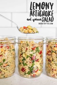 This Lemony Artichoke and Quinoa Salad is a light and refreshing summer salad that holds up well in the refrigerator and is perfect for meal prep! BudgetBytes.com #vegan #mealprep