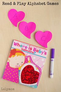 Read and play on Valentine's Day with the adorable children's book "Where is Baby's Valentine." These alphabet games help develop literacy skills while being buckets of fun. This is perfect activity for a preschool classroom or homeschool. #totschool #books #reading #activities #valentines #lalymom