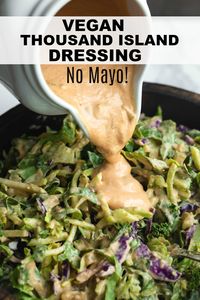 Learn how to make homemade dairy-free Vegan Thousand Island Dressing (No Mayo!) and oil-free! The perfect sweet, tangy, bold, creamy salad dressing for all of your salads! #vegan #thousandisland #dressing