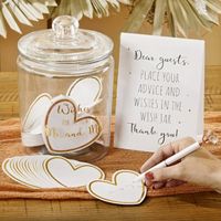 "Our Wedding Wish Jar with Heart Shaped Cards is a fresh take on having an interactive wedding moment with your guests. Your guests will be able to share their thoughts and give you their well-wishes with this wedding advice jar. You can display this at the entry table or the gift table. It's a way to engage your guests and give them something fun to do! In the past, the bride and groom would have a traditional guest book where their guests could either sign their names or give advice to the new