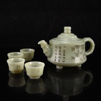 A Set Chinese Qing Dynasty Hetian Jade Bamboo Style Teapot & Cups