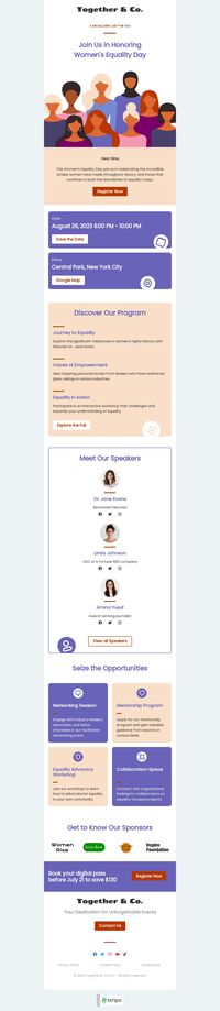 Women's Equality Day email template "Journey to equality" for hobbies industry. Stripo is an all-in-one email design platform. Create professional and responsive emails fast with no HTML skills. Explore our Email Templates for an impressive design. Follow us on Pinterest for more inspiration and tips. 🤗 #womensequalityday #emailinspiration #stripoemail #emailtemplates #emailmarketingdesign #emailmarketing #newsletterdesign