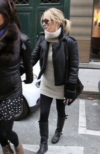 messy pony, sweater, leather, leggings, riding boots - Kate Hudson