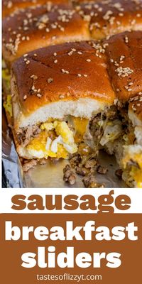 Hawaiian rolls piled high with eggs, sausage and cheese. These baked Breakfast Sliders are a crowd pleaser.