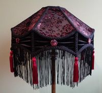 VICTORIAN / EDWARDIAN BURLESQUE STYLE LAMPSHADE OOAK Unique Handmade & Hand Stitched Luxurious handmade lampshade all hand stitched in a luscious maroon cut velvet with ruched black velvet panels and contrasting fabric covered buttons, finished with long black fringing and maroon