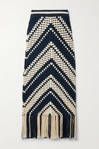 Zimmermann's 'Chintz' skirt is made from cotton and intricately crocheted with chevron stripes - the threads are then knotted and pulled through, creating a cool fringed finish along the hem. It has a close fit and is fully lined with jersey for added coverage. Wear it as a set with the matching tank.