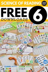 Access 6 free decodable science of reading aligned free downloads includig decodable posters, sound manipulating strips, and MORE!