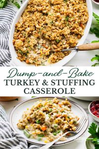 This easy turkey stuffing casserole is a quick dump-and-bake dinner that takes advantage of Thanksgiving leftovers (or a box of Stove Top stuffing mix)!This easy turkey stuffing casserole is a quick dump-and-bake dinner that takes advantage of Thanksgiving leftovers (or a box of Stove Top stuffing mix)!