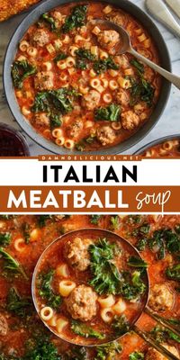 Craving some yummy comfort food? Here's a homemade soup with Italian meatballs! Complete with pasta and sneaked-in greens, this simple meatball soup is a perfect fall dinner idea to warm you up. Save this pin!