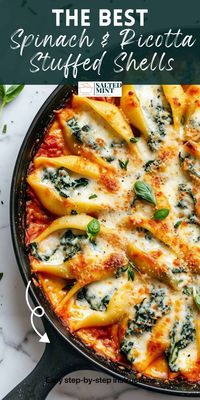 Enjoy a delicious and easy dinner recipe with spinach and ricotta stuffed shells. This vegetarian dish combines 3 cheeses, garlic, and Italian seasoning, all baked with marinara sauce. Perfect stuffed pasta shells for any night!