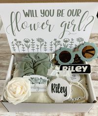 Put a smile on your flower girl's face by giving her a proposal gift box from Weekend Creation Co! This gift set is full of personalized items that your flower girl will love and actually use! It's the perfect way to ask your flower girl to be apart of your big day or gift box can be customized to thank your flower girl for making your wedding even more memorable. Message card can also be personalized for junior bridesmaid as well! ** Effective immediately, boxes will now include the round name