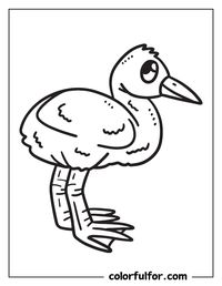 20 Free Printables Flamingo Coloring Pages for Kids! This page shows an adorable cartoon-style flamingo. The bird has a round body, stick-like legs, and a sizeable expressive eye. Its feathers are indicated by simple curved lines. Color the flamingo bright pink, using a lighter shade for the face and a darker shade for the body. Add black for the eye and beak tip. This straightforward design is excellent for younger children.