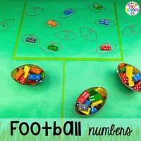 Football counting butcher paper activity plus 16 Fall Butcher Paper Activities for preschool, pre-k, and kindergarten students to develop math, literacy, and fine motor skills.