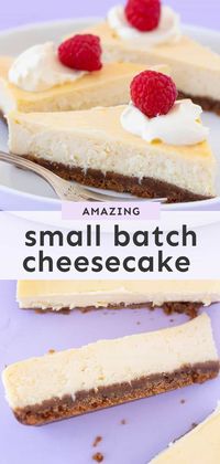 Creamy, dreamy Small Batch Cheesecake. This easy, baked cheesecake has a Biscoff cookie crust and a luscious vanilla lemon cheesecake filling. You only need one block of cream cheese and it makes just 4-6 slices. Recipe from sweetestmenu.com #cheesecake #biscoff #baking #dessert