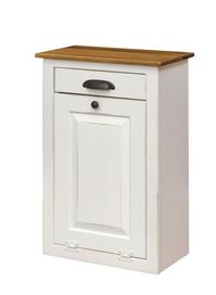 Farmhouse Trash Bin Cabinet Exuding warmth and a pretty design, the Farmhouse Trash Bin Cabinet has an easy tilt out front that opens to a 9 gallon trash bin. Solid pine wood with choice of stain, paint, two-tone or distressing. #trashbin