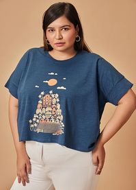 Goan Blue Printed Organic Cotton Round Neck Oversized T Shirt For Women – No Nasties