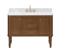 This bath vanity measures 48 inches in width by 22 inches in depth and 35 inches in height. It features a beautiful cinnamon oak finish, soft close hinges and gold hardware. The white Carrara marble top is included, along with a backsplash, but a sidesplash must be purchased separately. The vanity has a faucet hole spa