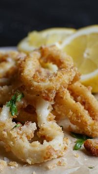 Recipe with video instructions: Time for a new spin on your classic calamari recipe! Ingredients: Large piece of pork skin, 250 grams squid, 2 tablespoons cornflour, 1 large egg, beaten, Pinch...