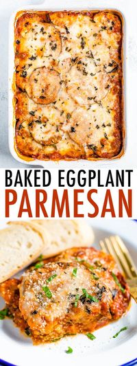 A baking dish with eggplant parmesan and cut into pieces.