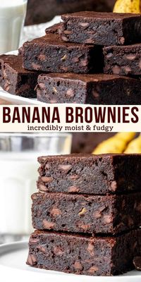 These banana brownies are chewy, fudgy and incredibly moist. They have a delicious chocolate flavor with a hint of banana and chocolate chips. Made with simple, everyday ingredients - they're the perfect way to use up your brown bananas AND get your chocolate fix. #chocolate #banana #brownies #moist #recipe from Just So Tasty