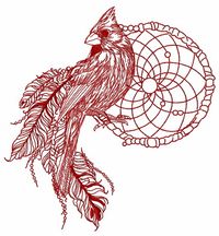 Northern cardinal with dreamcatcher one color machine embroidery design #bird #dreamcatcher #feather #onecoloreddesign #thread #NativeAmerican #Northerncardinal #redbird #midsized #songbird #embroidery