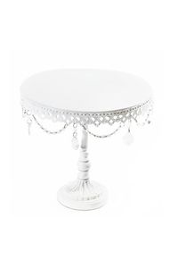 Chandelier Round Metal Cake Stand   Pedestal base  Available in Antique Gold, Antique Silver and White  Clear glass chandelier accents  Create elegant cake towers  Dimensions 12” w x 11” h