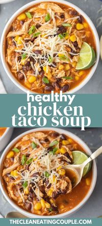 This Easy Chicken Taco Soup Recipe is so delicious! Make it in your instant pot, crock pot or on the stove for a quick, healthy dinner! Made with no cream cheese, this recipe is yummy and so simple to make.