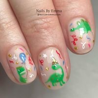 Nails By Emma on Instagram: "Partyosauras Rex🦖🦕🎊🎈 #birthdaynails #dinosaurnails #handpaintednailart #funnails #confettinails"