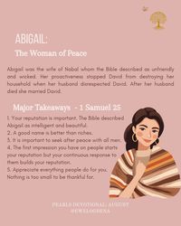 As a child of God what are you known as?Are you the Nabal character? Ill-tempered and wicked?Or a woman of peace and love? When Abigail rode to appease David after Nabal had disrespected him she was not riding just to save her life. She held the lives of thousands of people (people who work under her family and relatives) in her hands. The wickedness of Nabal was willing to sacrifice all these lives because of his pride and wickedness and we see that wickedness killed him in the end. Having a