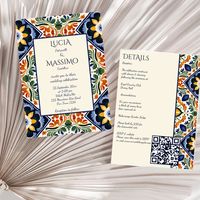 Azulejo blue Portuguese Talavera tiles vintage Mexican wedding all in one invitation template Mediterranean ornate Talavera tile pattern wedding invitation with wedding details and qr rsvp at the back editable template instant digital download Hacienda style wedding invitations