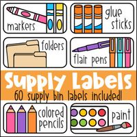 Staying organized is definitely not easy!! Hopefully these simple and colorful classroom supply labels will help keep you and your students organized this school year. There are 60 bin labels included, ranging from classroom materials and manipulatives to cleaning supplies! These classroom supply labels work great with a variety of organization bins and storage containers. Take a peek at my preview to see some examples of how I use them in my own classroom!  The supply bin labels are 2.27 by 4.78. You can always adjust your printer settings if youd like your labels to be bigger or smaller in size. This product is not editable.  The following supply bin labels are included:analog clocksbagsbatteriesbinder clipscalculatorschalkcleaning suppliesclipboardsclipsclothes pinscolored pencilscompos