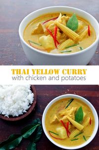 Thai Yellow Curry recipe featuring chicken and potatoes. Simple and delicious. | rachelcooksthai.com