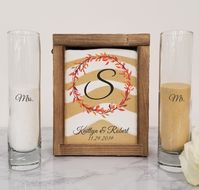 "Rustic Unity Sand Ceremony Set Shadow Box for Fall Wedding, Unity Candle Alternative for Barn Wedding, Country Wedding, or Woodlands Wedding The wedding couple will find this set very easy to use. No funnel is necessary to pour the sand into the top of the shadow box. The large hinged opening flips up to allow you to not only pour your sand with ease, but also add other keepsakes from your wedding. The lid flips shut and seals with a latch, allowing you to take your sand creation home and displ