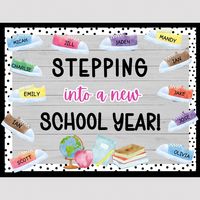 "The colorful \"Stepping Into A New School Year\" bulletin board display is a great way to welcome kids into their classroom for back to school! The kids will surely love seeing their names on the board!  Our bulletin board kit will save busy teachers time and money as this is an instant download printable product, making it quick and easy for you to print, cut, and put up in your classroom today! Perfect for classrooms of any age! INCLUDED IN THE WOODLAND BIRTHDAY BOARD DISPLAY: ~Printable PDF files for all pieces needed to put together the board as shown in the listing. All pages print on 8.5 x 11 inch paper.  ~Black letters measuring approximately 7.25 inches, spelling out \"STEPPING\" AND \"SCHOOL YEAR\". ~ Pink hand lettering measuring betweeen 4-6 inches, spelling \"Into a new\". ~Gl