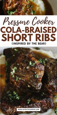 Pressure cooker cola braised short ribs are tender, flavorful, and inspired by the hit show The Bear. This quick, hearty dish is perfect for cozy nights or impressing dinner guests. Save this rich and delicious recipe for your next comfort food craving!