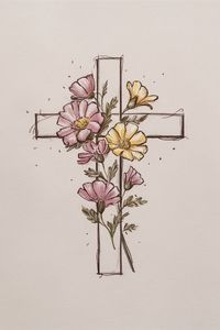 Christian Drawing cross with flowers