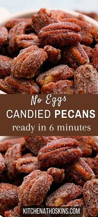 Learn how to make quick candied pecans on the stovetop without eggs, in 6 minutes and can be easily made vegan by replacing butter with coconut oil. These easy candied nuts are perfect for packaging as a homemade Christmas gift for the holidays or even as wedding favors. Get the candied pecans recipe at kitchenathoskins.com.