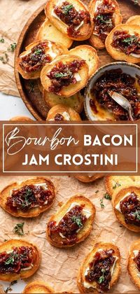 Bourbon bacon jam is the perfect make ahead appetizer for any event. Pair it with toasted crostini and creamy brie cheese for an easy appetizer everyone will love. Save this recipe for Bourbon Bacon Jam Crostini now!