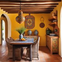 🌵🏡 Hacienda vibes! Cozy Mexican-style dining room with earthy terracotta floors, bold yellow walls, and chunky wood beams. Features hand-painted Talavera tile table, rustic wood furniture, and vintage pottery. Perfect for a touch of old Mexico charm! 🍊🍃 #MexicanHacienda #HaciendaStyle #MexicanInteriors #odastudioAI #odaAIstudio #odastudio  #diningroomdecor #diningroomideas #diningroominspiration #diningroomdesign #diningroomstyle #diningroomtable #homedecor #interiordesign #rusticdiningroom #warmhomedecor  #oldmexicanhouse #mexicanhacienda #haciendastylehomesmexican #mexicanpatio #haciendamexicana #mexicanstylehouse   design by oda ai studio  odastudio ai